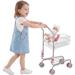 VEVOR Einkaufswagen für Kinder, Einkaufswagen Supermarkt Spielzeug mit Klappsitz für Puppen Stahlrahmen & Rollen, Faltbares Kaufladenzubehör mit Puppen-Spielset, Kaufmannsladen Spiele für Kinder ab 3