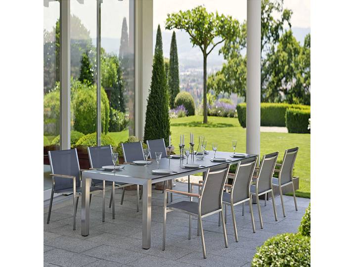 Stern Cardiff Edelstahl Set 8 Stapelstühle und Ausziehtisch
