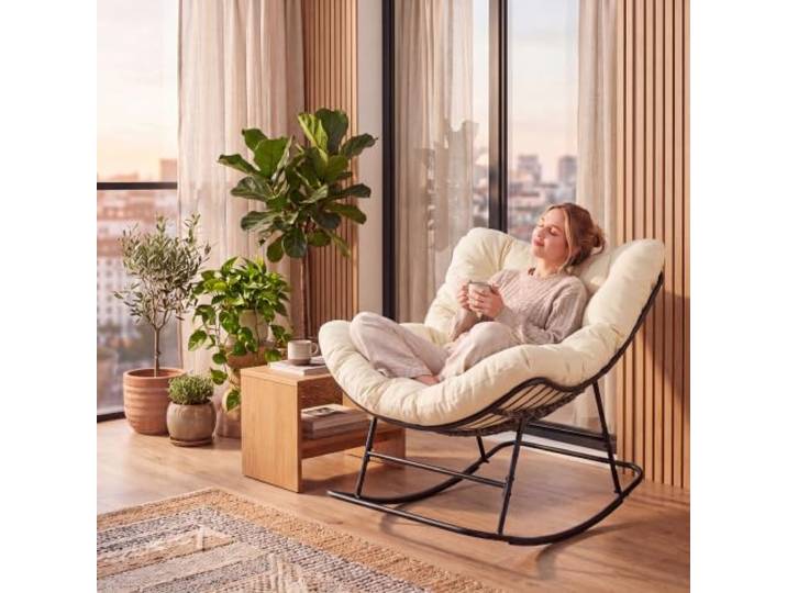 Großer Papasan-Schaukelstuhl Mit Dickem Abnehmbar Polster, 94x109x84cm Gemütlicher Eiersessel mit stabilem Metallgestell, Belastung 150 kg Papasan-Schaukelstuhl für Balkon, Garten, Schlafzimmer