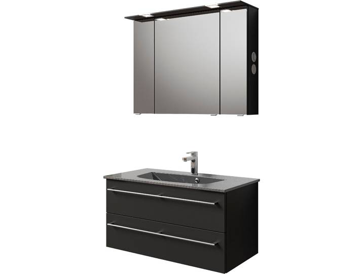 Saphir Serie 6025 2-teilig Mineralmarmor-Waschtisch mit LED-Spiegelschrank 2 Stk. tlg.