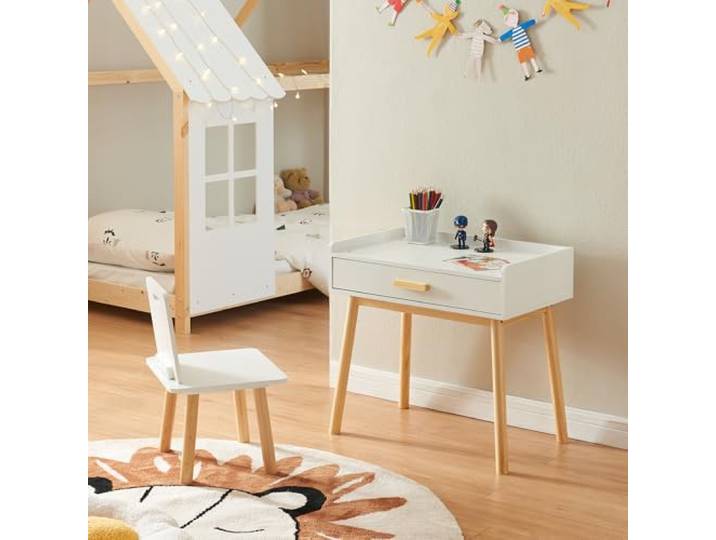 [en.casa] Kindertafel met kinderstoel Skjervøy kinderbureauset tafel met stoelen voor kinderen naturel en wit
