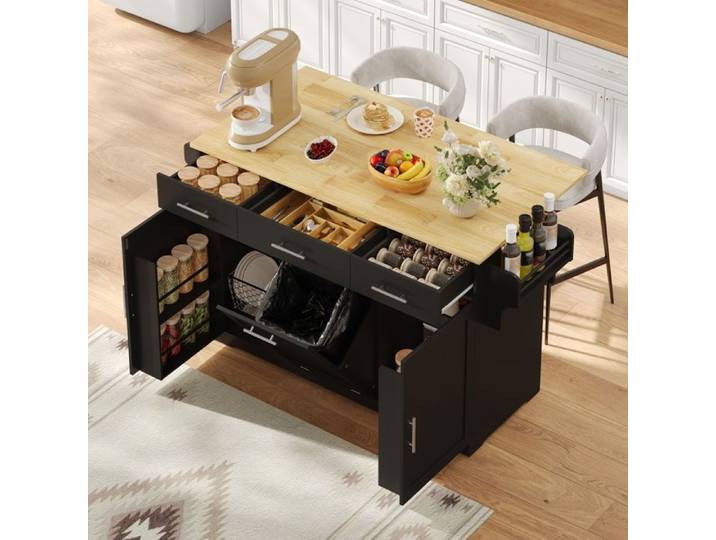 Île de cuisine mobile équipé de comptoir pliable Chariot de cuisine sur rouleaux avec 3 grands tiroirs 136 × 50 (75) × 92 cm