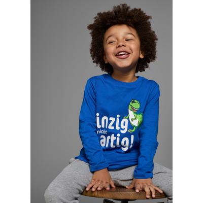 Langarmshirt KIDSWORLD "EINZIG NICHT ARTG", Jungen, Gr. 140/146, blau (royalblau), Jersey, Obermaterial: 100% Baumwolle, bedruckt, Basic, Rundhals, Shirts Langarmshirt, Langarm, Basic-Passform, bedruckt, Rundhalsausschnitt