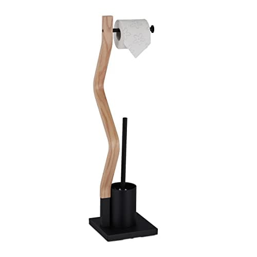 Relaxdays Toiletaccessoires set staand met toiletborstel en toiletrolhouder, zwart/bruin