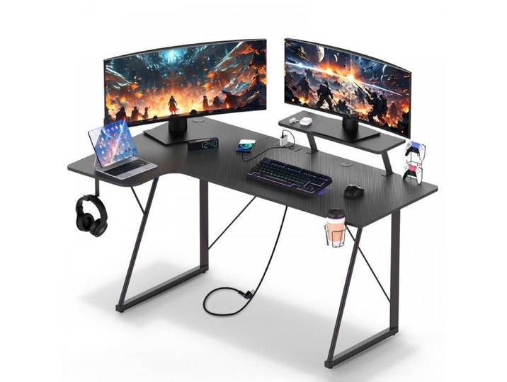KEDIA Bureau Gaming Noir 150x60x74cm Support de Moniteur Support pour casque Porte-gobelet Pour Etudier Jouer et Travailler
