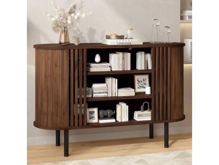 BXEYXE 120x40x80cm Sideboard,Buffet-Aufbewahrungsschrank,Walnussholzfarbe Praktisches Offene Zaunkonstruktion für Wohn‑ und Esszimmer,Einstellbar Metallbeine,MDF-Material,Großes Stauraumvolumen