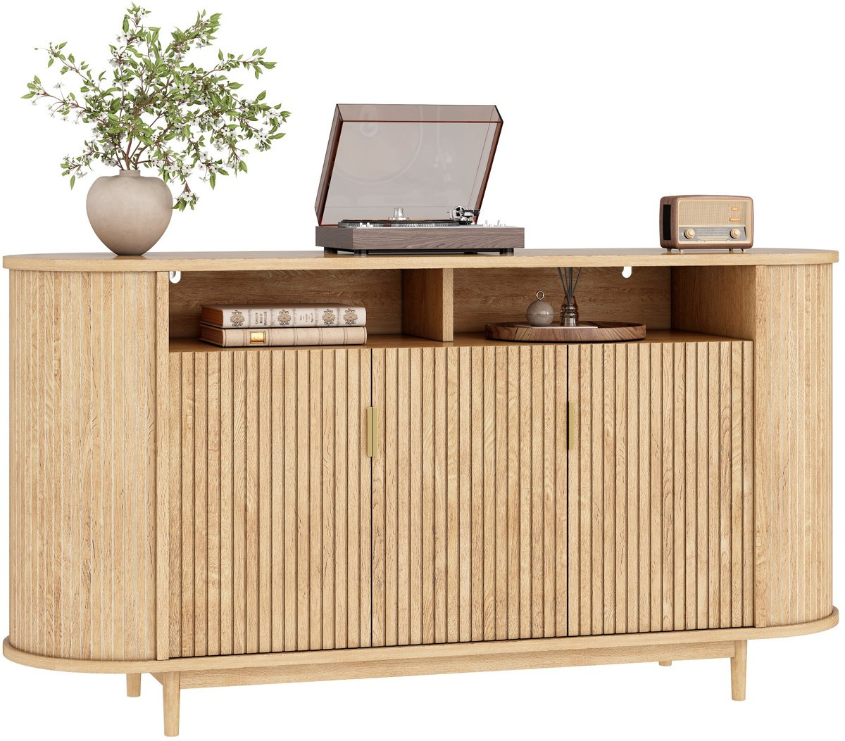 Modern Sideboard 140 cm Natuurlijk – 3-deurs Buffetkast met Houten Poten voor Woonkamer en Eetkamer
