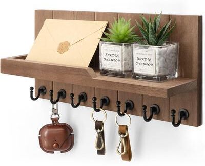 Perfect Picks Market Rustic Wall Key Holder With Shelf & Hooks Entryway Mail Organizer dark Brwon
