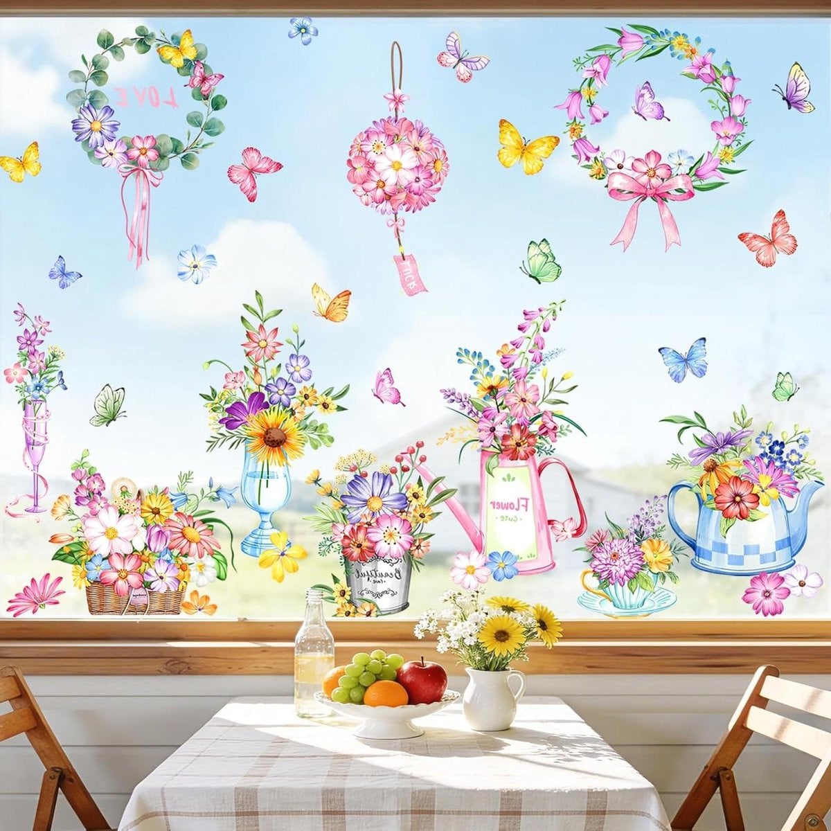 9 vellen dubbelzijdig bedrukte raamstickers met bloemen decoratie in multicolor
