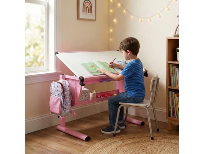 CARO-Möbel Kinderschreibtisch Sari höhenverstellbar in weiß/rosa, Schreibtisch für Kinder neigbar mit Rille für Stifte, Schülerschreibtisch mit Ablage und Rucksackhalterung