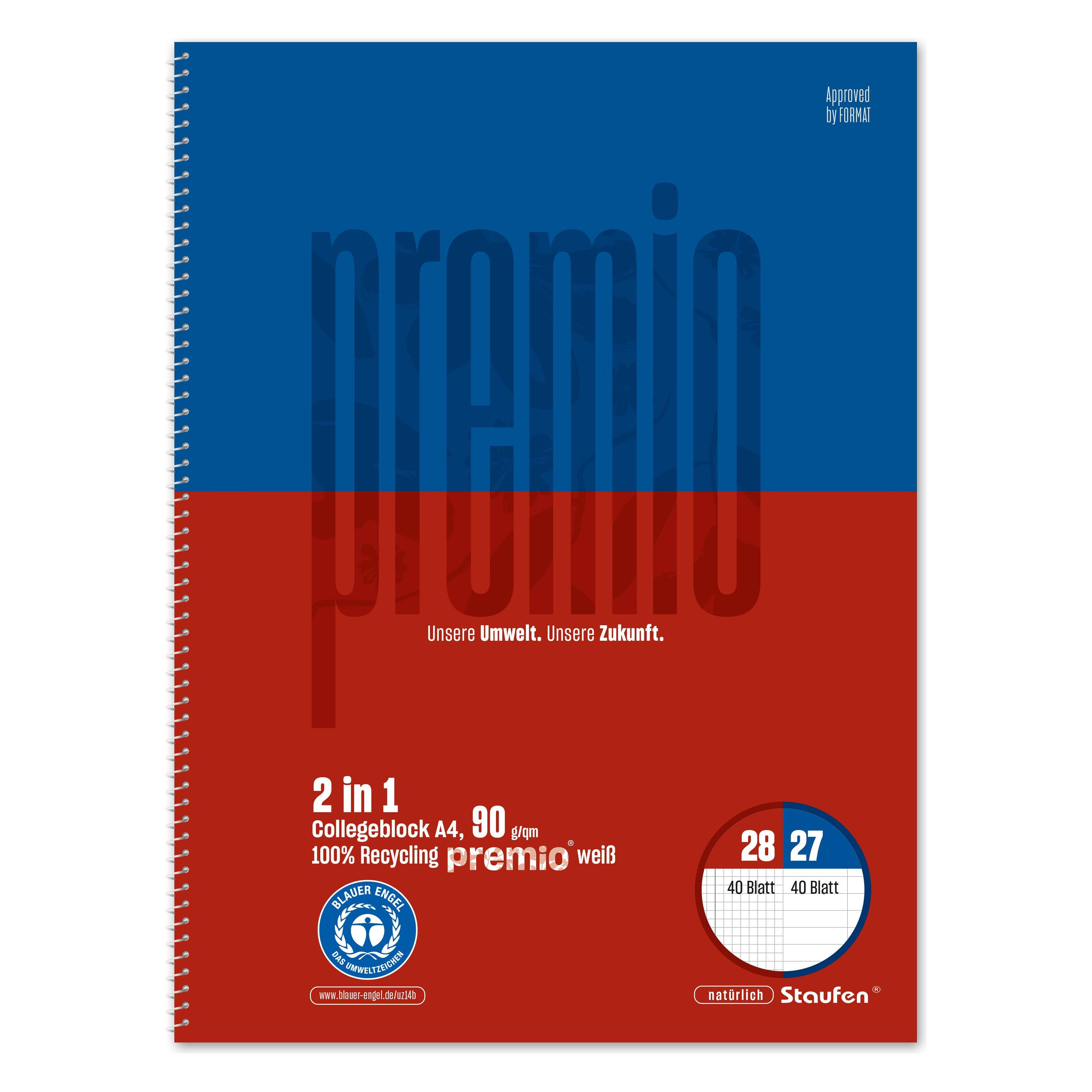 Staufen Collegeblock Premio, Spiralbindung, 90 g/qm, DIN A4, 80 Blatt (A4, Speziallineatur, Weicher Einband) (040839000)