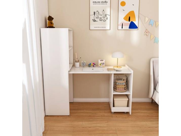 Bureau Informatique Bureau avec Rangement 126x55x136cm Blanc 6 Compartiments Ouverts-Table d'Ordinateur pour Chambre-Studio