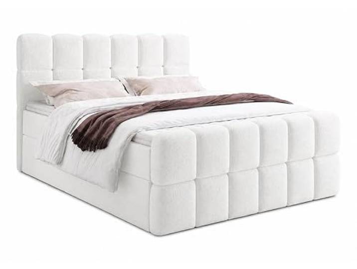 Boxspringbett SELA Kontinentales Polsterbett mit Kopfteil und Fußteil in Bouclé Stoff, Gepolstert, H3, Modernes Designerbett, Weiches Komfortbett, Doppelbett (Weiss: Fredo 25, 140x200 cm)