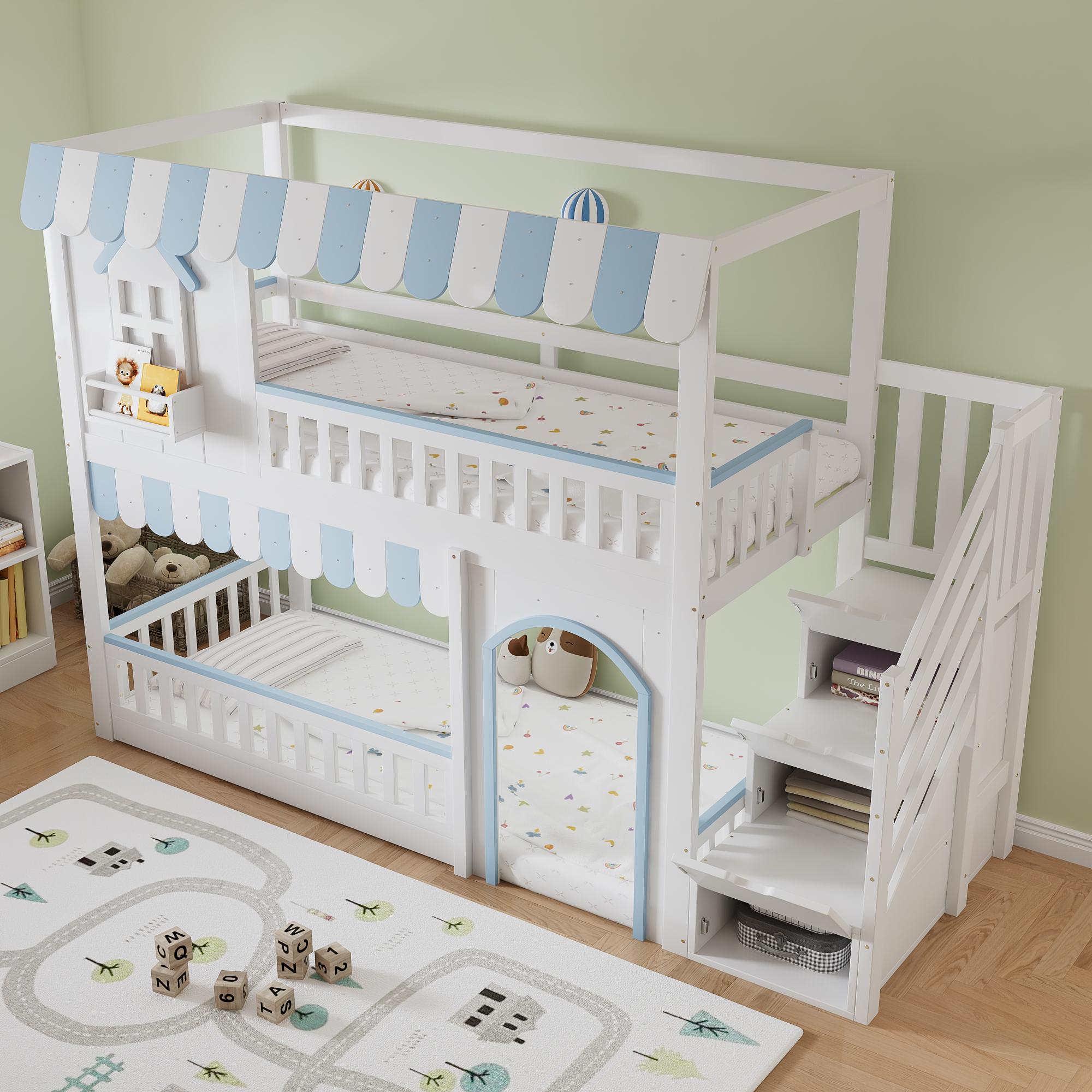 STILVORA Etagenbett 90x200cm mit einer Matratze Bettgestell mit Treppenaufbewahrungsschrank und Stauraum, Kinderbett mit Schutzgittern , Kinderzimmerbett mit stabilem Lattenrost