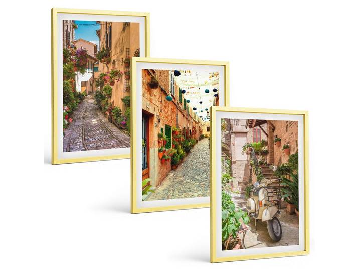 BILDER SET 3er Set - 40x60 cm Goldrahmen - Straßen, Blumen, italienisches Flair