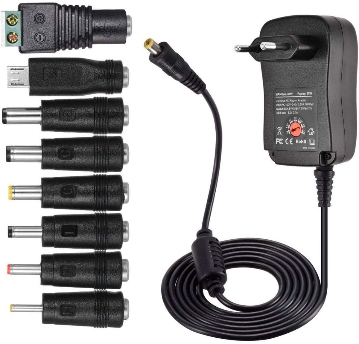 TOVBMUP Universele Transformator 30 W Voedingsadapter AC naar DC met 8 DC-connectoren, Zwart