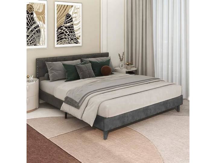 GIANTEX Cadre de Lit Double 180x200 CM pour Adulte avec Tête de Lit Rembourrée Structure de Lit Scandinave 5 Pieds en Fer Réglables