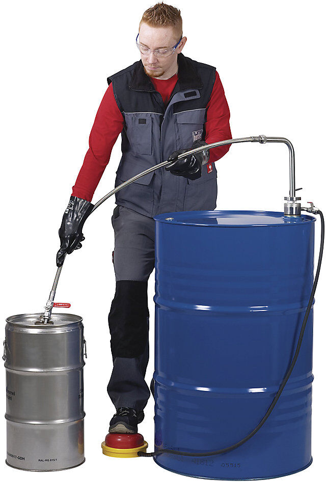 kaiserkraft Edelstahl-Lösemittelpumpe, Fußbetrieb, mit Auslaufschlauch und Hahn, 20 l/min