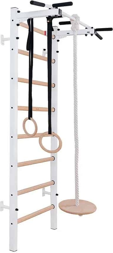 Sprossenwand 221W+A204, 67 cm breit, 2,30 m hoch, inkl. Klimmzugstange, Gymnastikringe & Kletterseil, bis 150 kg