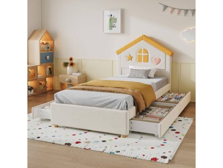 BXEYXE Kinderbett 90x200 cm Hausbett Polsterbett in Beige, Kinderbett mit 4 Schubladen, Stauraumbett für Kinderzimmer, Jugendbett mit französischem Samt, gepolstertes Bett mit Haus-Kopfteil