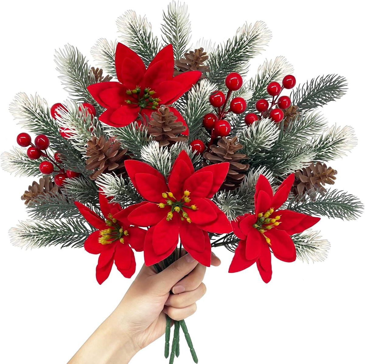 Set van 4 kunstdennentakken met kerstster en rode bessen in vorstwit