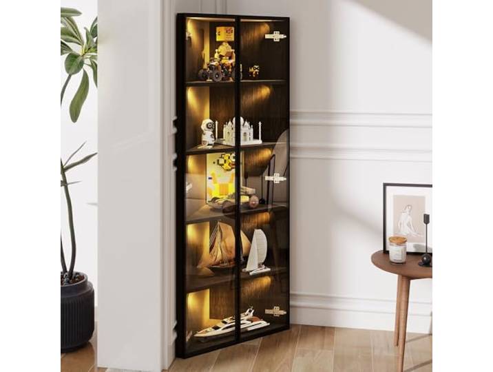 BTM LED Glasvitrine 62x35x160cm Eckvitrine mit Tür – Sammlungsvitrine, Bücherregal, Weinschrank, Badezimmerschrank, Schwarz