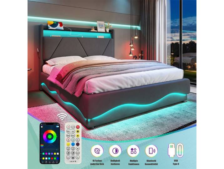 DRIPEX Lit rembourré 160x200cm LED ondulé tête de lit relevable avec espace de rangement et poches latérales lit hydraulique Gris