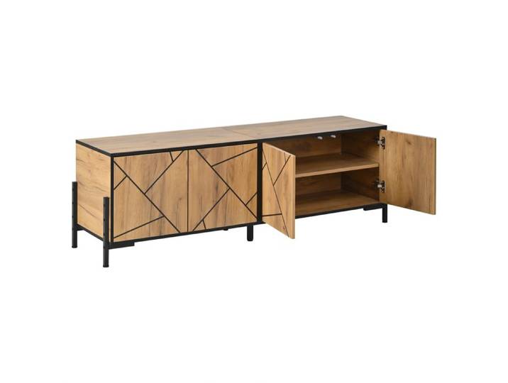 Meuble TV - HIBA - Lowboard 153x40x50cm - 4 portes - Compatible TV 65 pouces - Noir & bois design géométrique