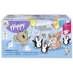bella baby Happy Windeln Größe 1 Newborn 2-5kg & 112 Feuchttücher Sensitive mit Klickverschluss
