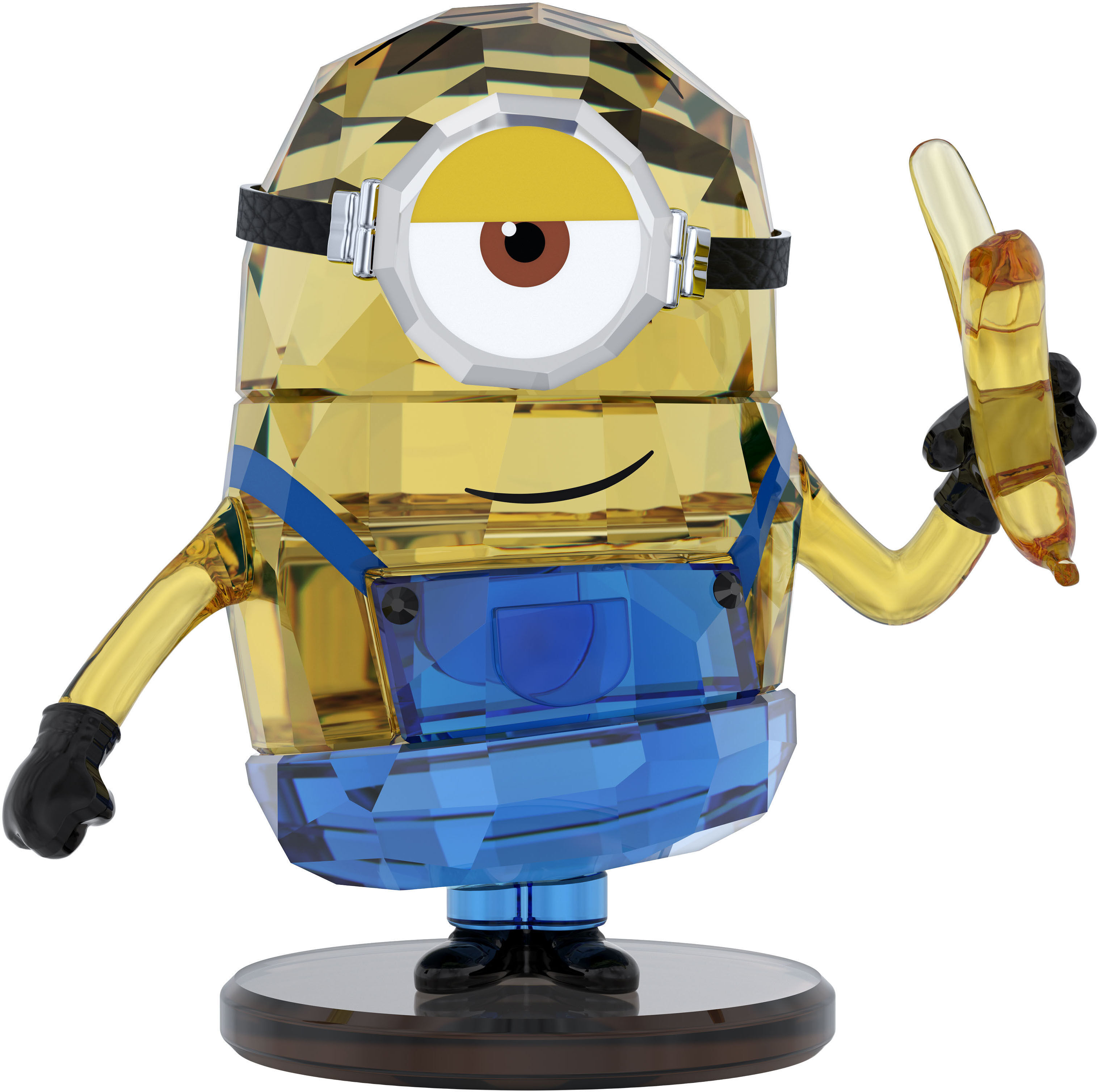 Comicfigur SWAROVSKI "Dekofigur Kristallfigur Sammelfigur Minions Stuart", gelb (gelb, blau, schwarz, braun, kristallweiß, weiß, silberfarben), Dekofiguren, B/H/T: 3,5cm x 5,3cm x 5,14cm, Leder, Metall, Swarovski Kristall, Swarovski Kristall, B:3,5cm H:5,
