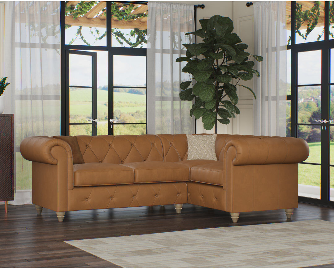 CLX Sofa Melrose 3 Seater Leather Corner Sofa Walnut/Saddle 80cm H X 251cm W X 184cm D