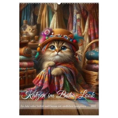 Katzen im Boho-Look - Ein Jahr voller Vielfalt und Charme mit niedlichen Samtpfoten (Wandkalender 2027 DIN A2 hoch), CALVENDO Monatskalender