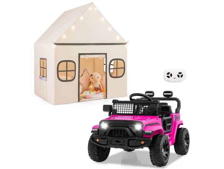 12V Elektrische Auto met Afstandsbediening en Speeltent voor Kinderen (Sterrenverlichting Antislipkleed)