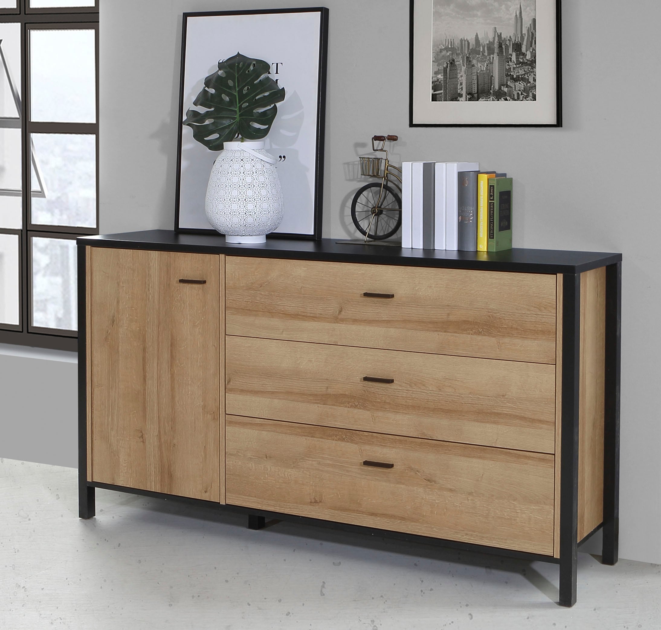Kommode FORTE "High Rock", schwarz, B:151,3cm H:85,1cm T:40,2cm, Sideboards, Kommode, Breite ca. 151 cm schwarz B/H/T: 151,3cm x 85,1cm x 40,2cm, 3 Stk., 1 Stk.