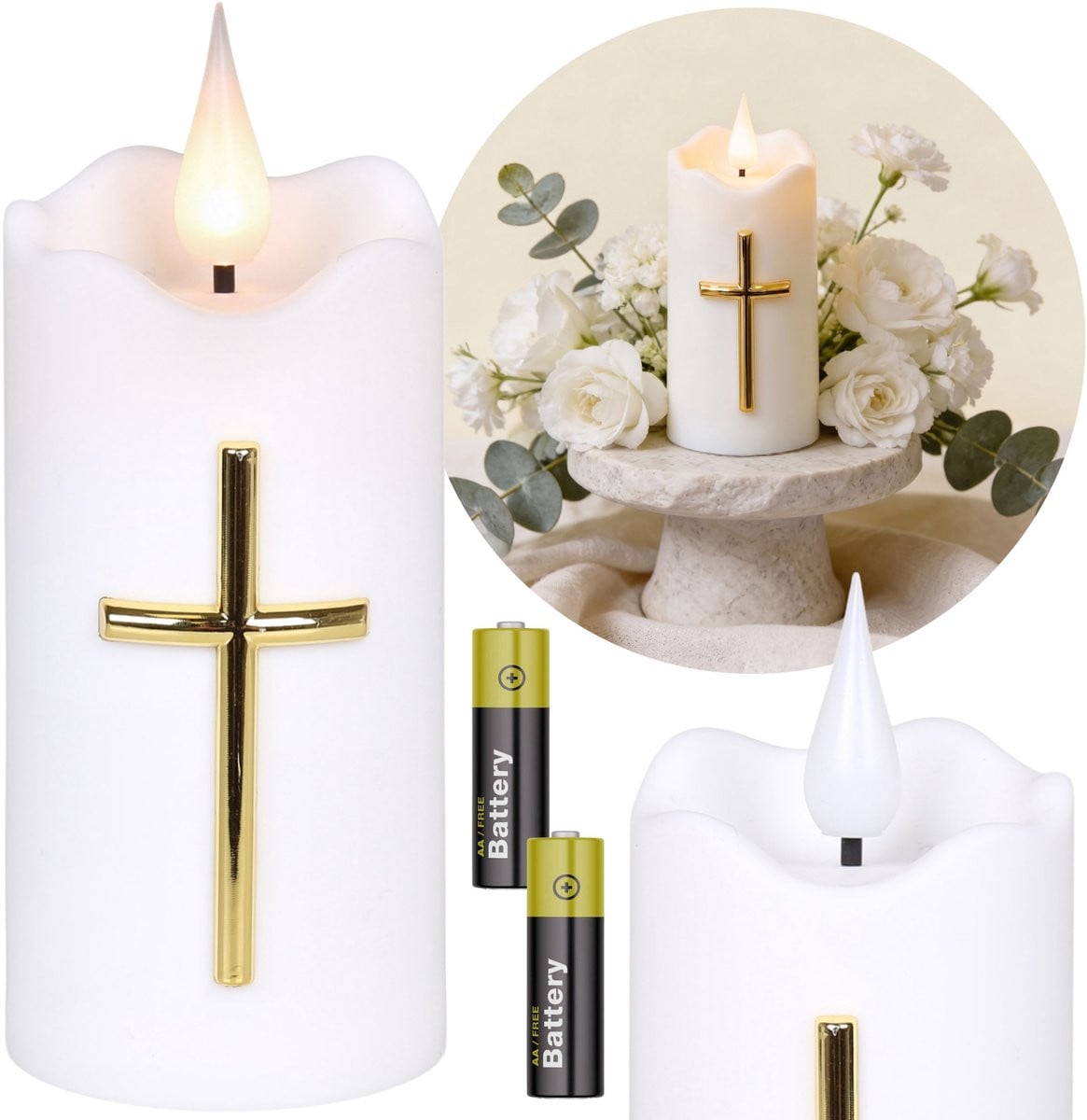 Wit LED kaars met kruis en vlameffect, Hoogte: 11,5 cm
