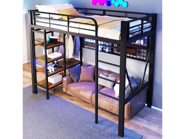 Lit Mezzanine 90x200 cm - Lit Ado avec LED Étagères Rangement et Portant pour Vêtements - Métal - Noir