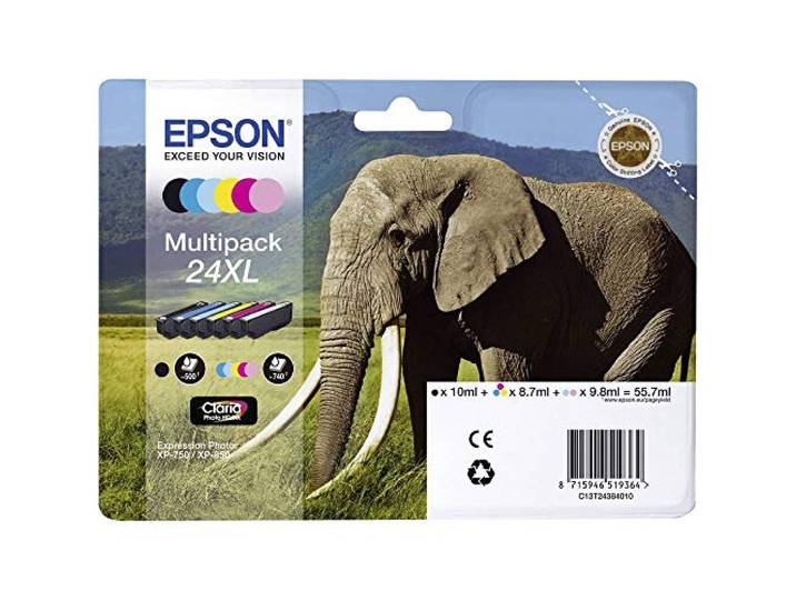 Epson 24XL Elephant High Yield Genuine Multipack\, 6-colours Claria Photo HD Ink Cartridges\, Black/Yellow/Magenta/Cyan\, XL High Capacity