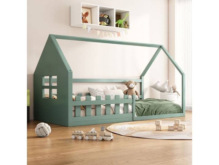 Lit enfant 90x200 cm lit plat lit cabane avec barrières de sécurité pin - vert