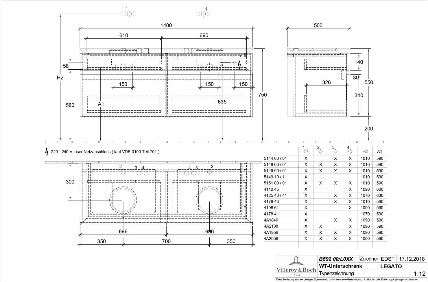 Villeroy & Boch Legato Waschtischunterschrank 140 cm mit 4 Auszügen und LED-Beleuchtung