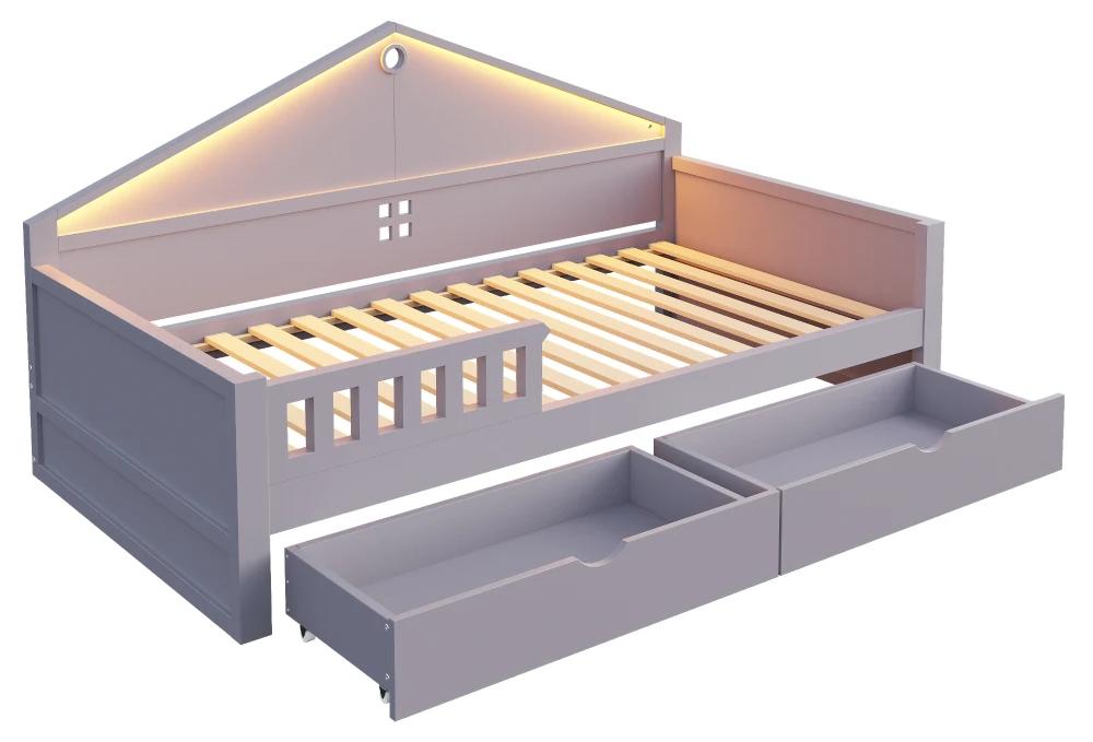 Kinderbett - Einzelbett - 90 x 200 cm - LED-Lichtleiste - 2 große Schubladen - Gitterdesign - Robuste Konstruktion - Grau
