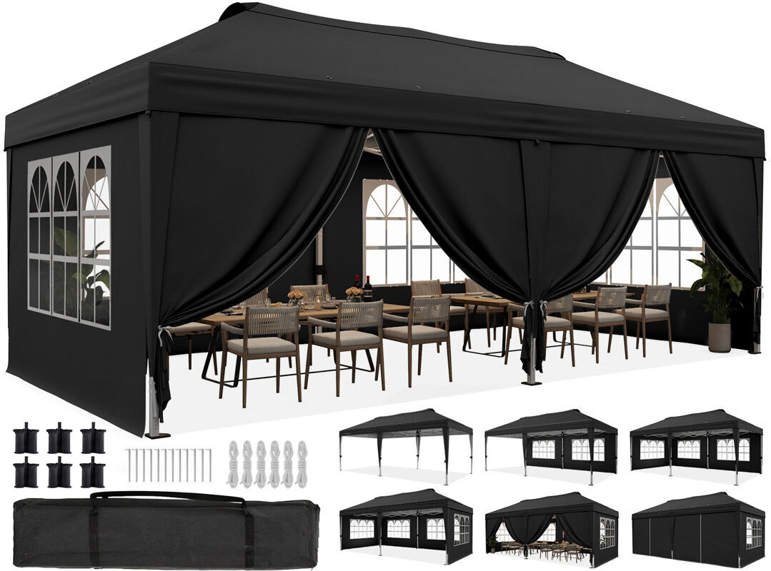 Quictent 3x6m Pop Up Gazebo with Central Lock, Heavy Duty Outdoor Canopy Tent with Church Window Sides, Portable Event Shelter for Backyard, Parties, Black