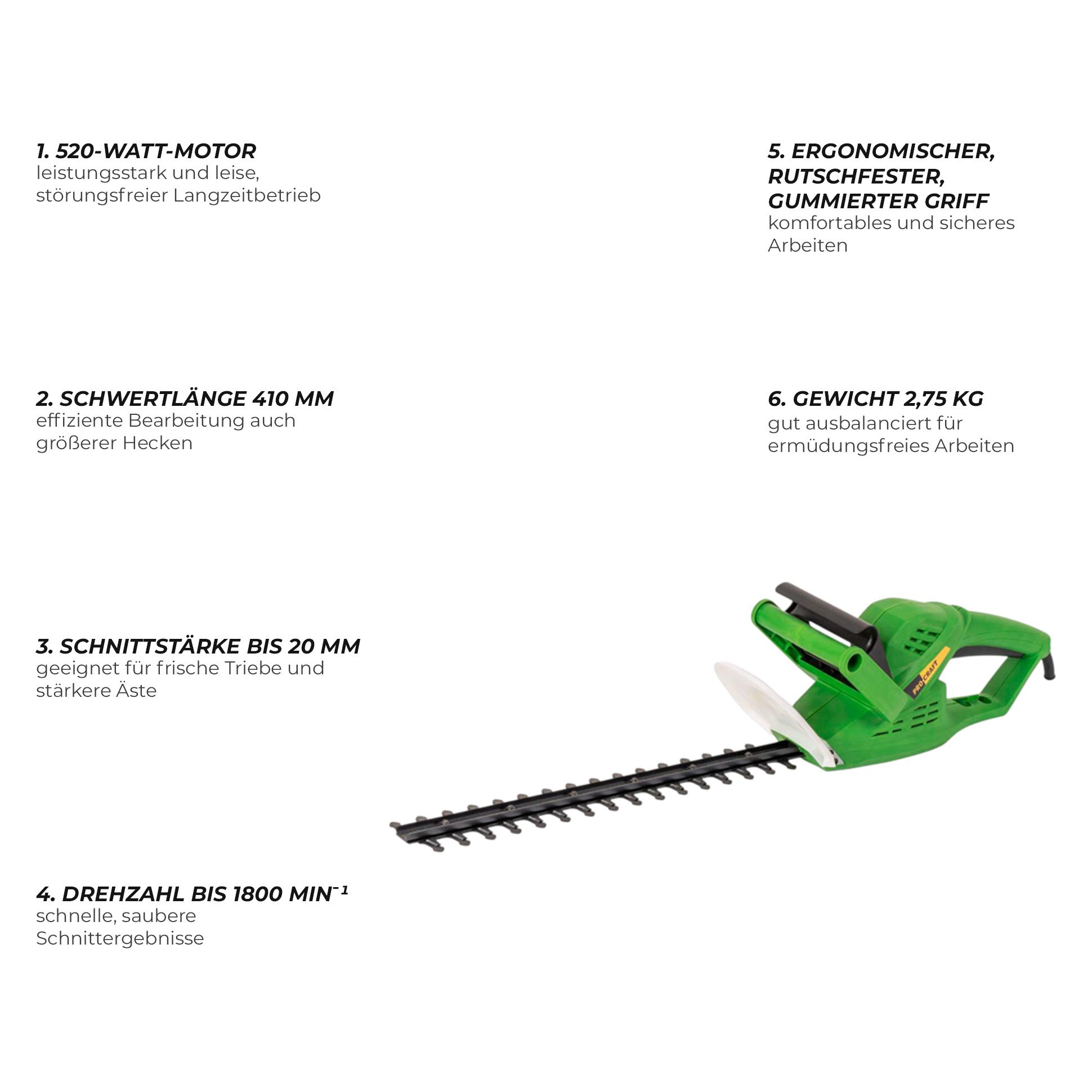 Procraft PT520 Heckenschere 520 Watt 410 mm Schnittlänge 20 mm Schnittstärke (Netzbetrieb) (PT520)