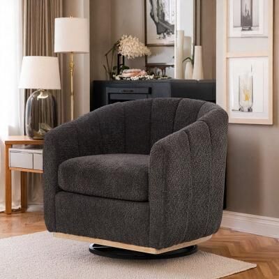 "31.9"" Chenille Swivel Barrel Chair with Tufted Pumpkin-Shape Design and Metal Base and Pocket Spring"