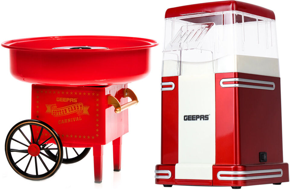 GEEPAS Electric Popcorn Maker Machine & Cotton Candy Maker Set   Makes Hot, Fresh, Fat-Free Theatre Style Popcorn Anytime, Oil-Free Popcorn Popper, Ca Red