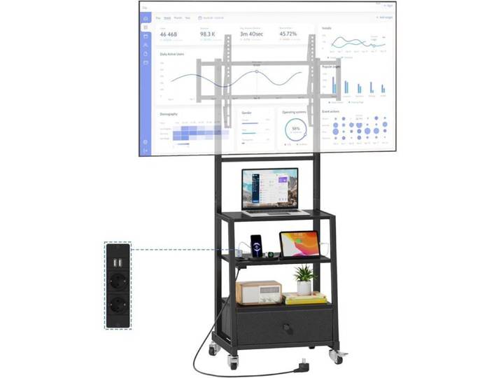 Meuble TV Mobile Meuble TV sur Roulettes Nero avec Support et Prises Électriques