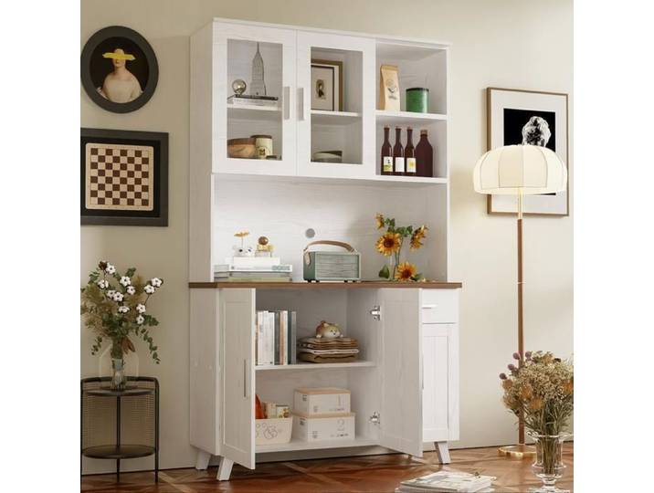Maisentiel buffet haut vitrine 5 portes 1 tiroir décor bois blanc et brun 114 5 x 40 x 190 cm