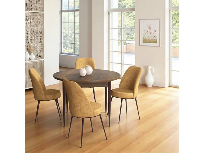 Ensemble table ronde + 4 chaises AROLA - Moutarde