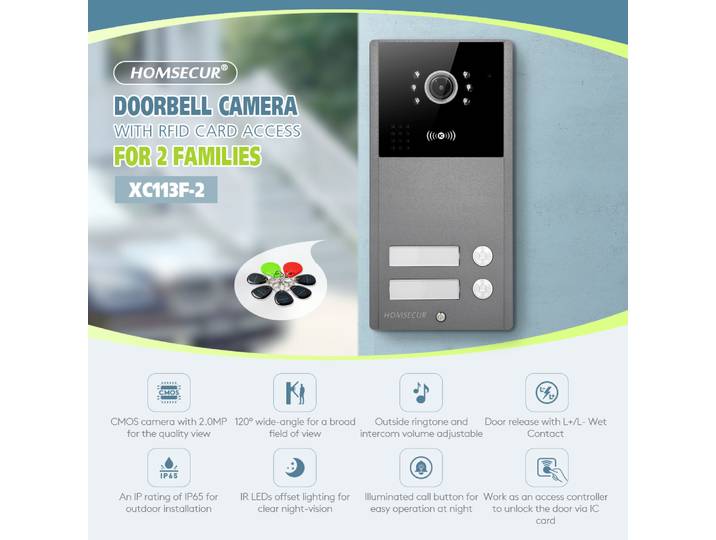 Sonnette extérieure HD à 4 fils XC113F-2, caméra IP65 + 5 pièces IC 13.56Mhz, porte-clés pour interphone vidéo, appel, interphone de sécurité, 2 familles