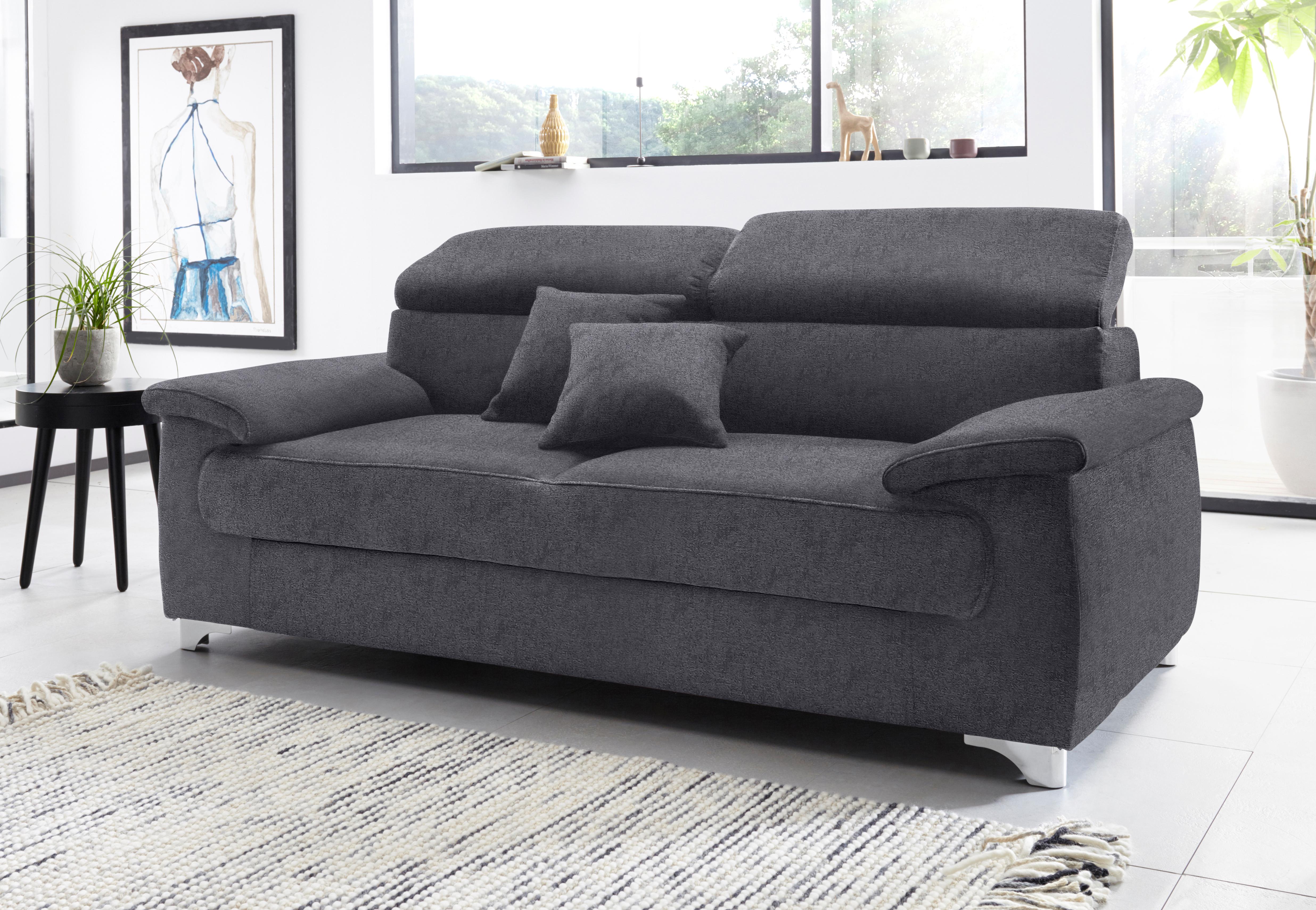 2,5-Sitzer DOMO COLLECTION "Mira inklusive Kopfteilverstellung für mehr Wohlfühlkomfort", grau (dunkelgrau), B:205cm H:78cm T:100cm, Zierkissen: Entsprechend jeweiligem Bezug.;Struktur (100% Polyester);Struktur fein (100% Polyester);Luxus-Microfaser (92% 