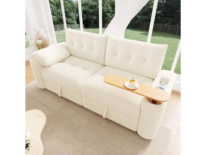 Canapé‑lit modulable - Canapé 3 places modulable Teddy - Beige - Rangement intégré - Table pivotante 270°